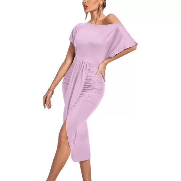 LYANER Women's One Off The Shoulder Ruched Wrap Front Split Hem Draped Party Midi Dress