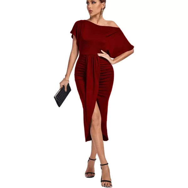 LYANER Women's One Off The Shoulder Ruched Wrap Front Split Hem Draped Party Midi Dress