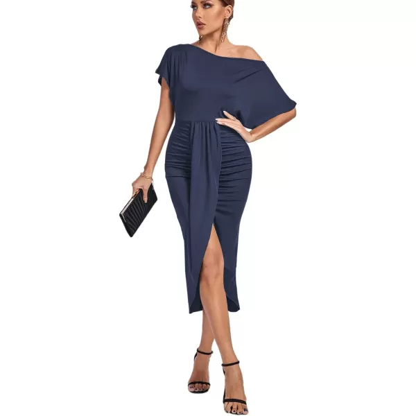 LYANER Women's One Off The Shoulder Ruched Wrap Front Split Hem Draped Party Midi Dress