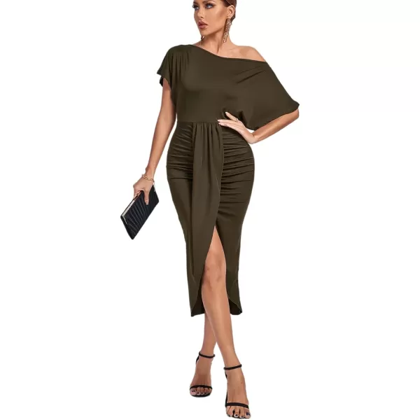 LYANER Women's One Off The Shoulder Ruched Wrap Front Split Hem Draped Party Midi Dress