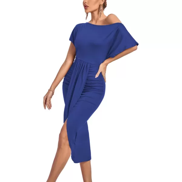 LYANER Women's One Off The Shoulder Ruched Wrap Front Split Hem Draped Party Midi Dress