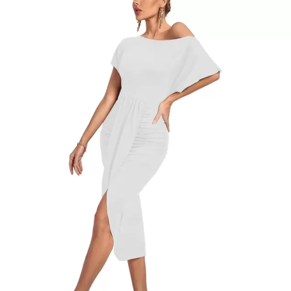 LYANER Women's One Off The Shoulder Ruched Wrap Front Split Hem Draped Party Midi Dress