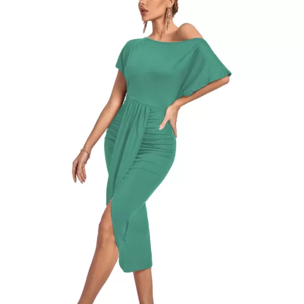 LYANER Women's One Off The Shoulder Ruched Wrap Front Split Hem Draped Party Midi Dress