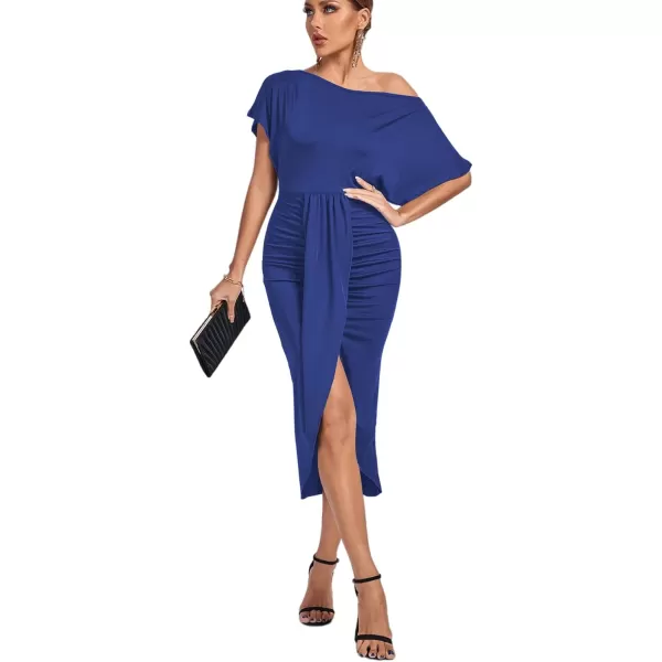 LYANER Women's One Off The Shoulder Ruched Wrap Front Split Hem Draped Party Midi Dress