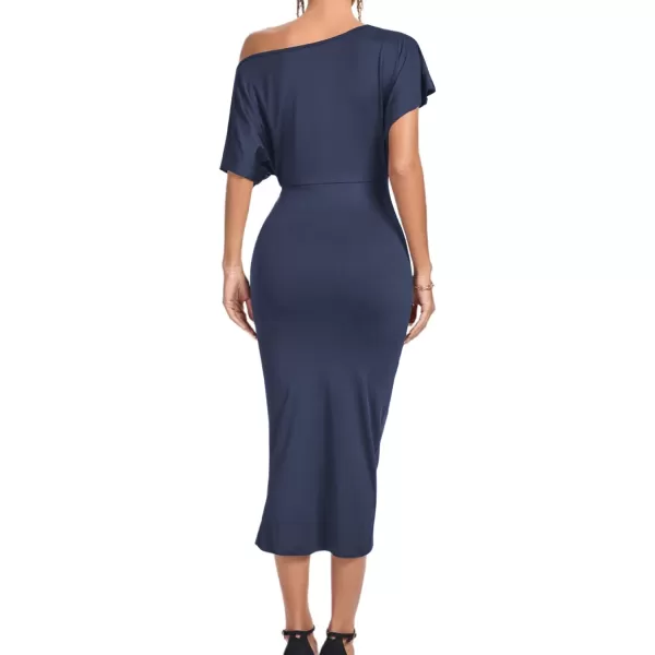 LYANER Women's One Off The Shoulder Ruched Wrap Front Split Hem Draped Party Midi Dress