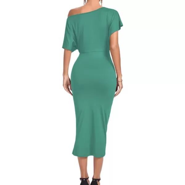 LYANER Women's One Off The Shoulder Ruched Wrap Front Split Hem Draped Party Midi Dress