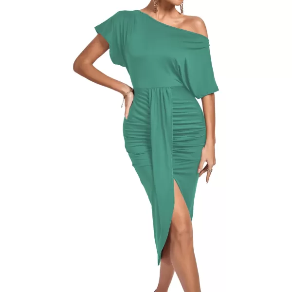LYANER Women's One Off The Shoulder Ruched Wrap Front Split Hem Draped Party Midi Dress