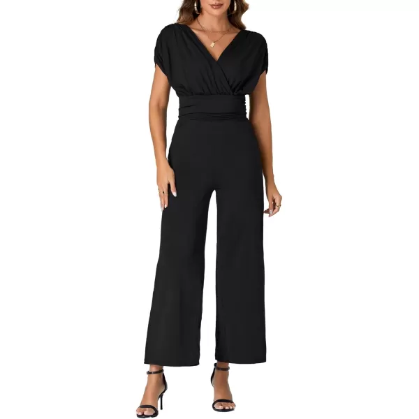LYANER Women's One Piece Outfit Wraped V Neck Ruched Backless Short Sleeve Jumpsuit