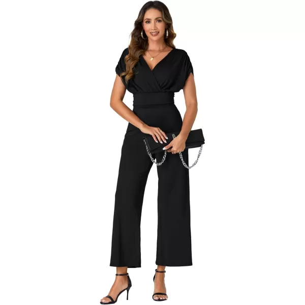 LYANER Women's One Piece Outfit Wraped V Neck Ruched Backless Short Sleeve Jumpsuit