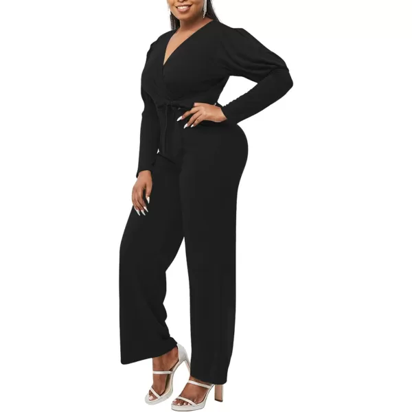 LYANER Women's One Piece Outfit Wraped V Neck Waist Tie Long Sleeve Work Jumpsuit