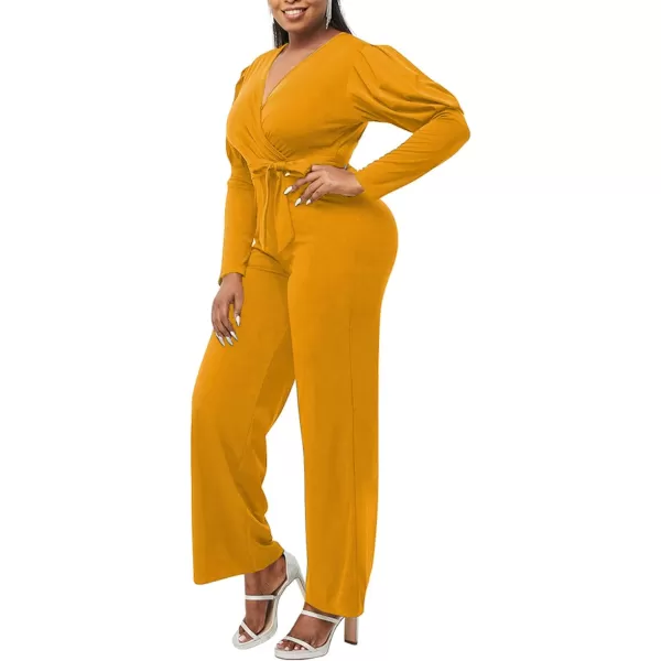 LYANER Women's One Piece Outfit Wraped V Neck Waist Tie Long Sleeve Work Jumpsuit