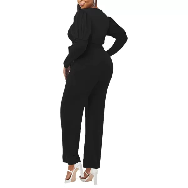 LYANER Women's One Piece Outfit Wraped V Neck Waist Tie Long Sleeve Work Jumpsuit