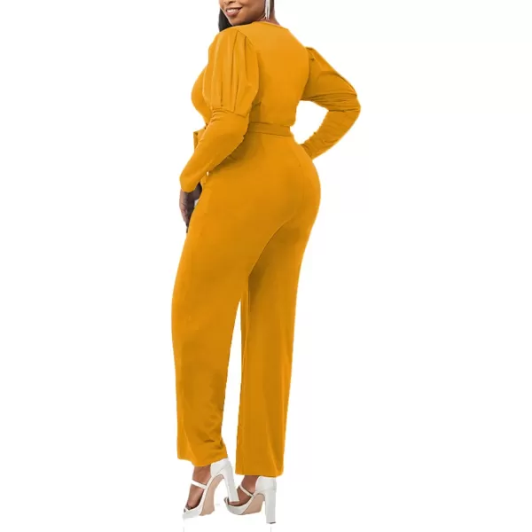 LYANER Women's One Piece Outfit Wraped V Neck Waist Tie Long Sleeve Work Jumpsuit