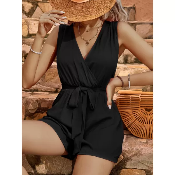 LYANER Women's One Piece Outfits Wraped V Neck Waist Tie Sleeveless Romper Short Jumpsuit