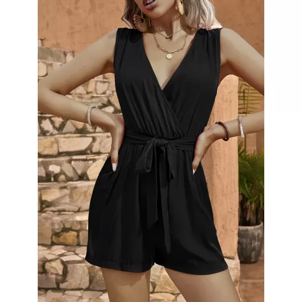 LYANER Women's One Piece Outfits Wraped V Neck Waist Tie Sleeveless Romper Short Jumpsuit