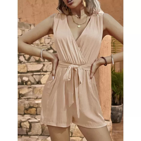LYANER Women's One Piece Outfits Wraped V Neck Waist Tie Sleeveless Romper Short Jumpsuit