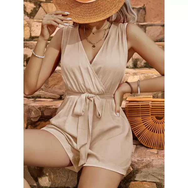 LYANER Women's One Piece Outfits Wraped V Neck Waist Tie Sleeveless Romper Short Jumpsuit