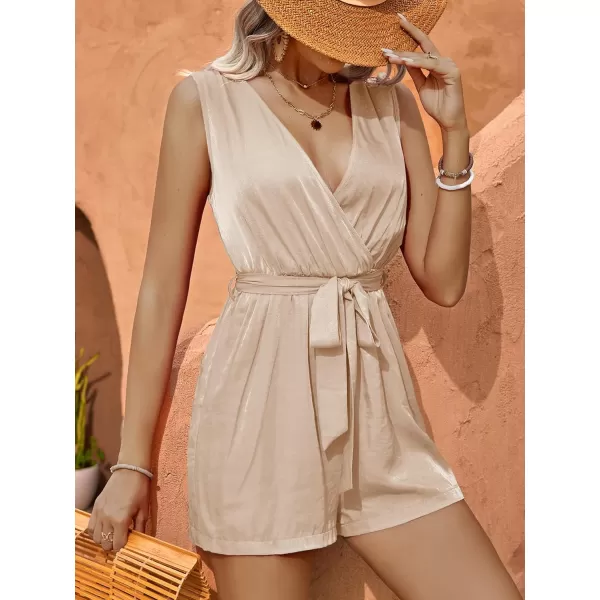 LYANER Women's One Piece Outfits Wraped V Neck Waist Tie Sleeveless Romper Short Jumpsuit