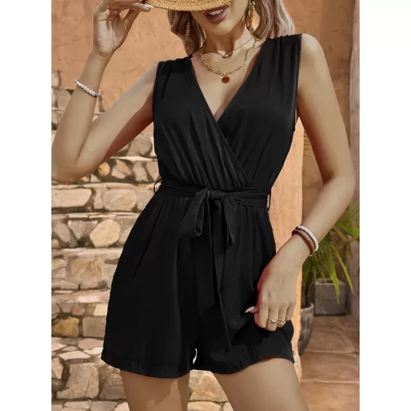 LYANER Women's One Piece Outfits Wraped V Neck Waist Tie Sleeveless Romper Short Jumpsuit