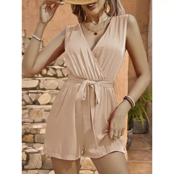LYANER Women's One Piece Outfits Wraped V Neck Waist Tie Sleeveless Romper Short Jumpsuit