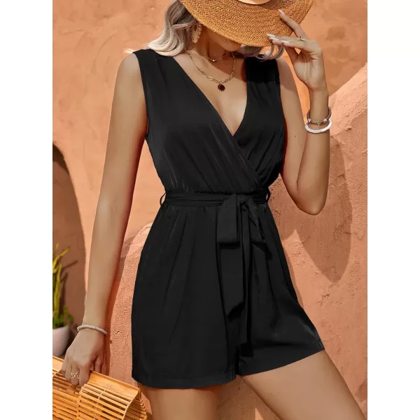 LYANER Women's One Piece Outfits Wraped V Neck Waist Tie Sleeveless Romper Short Jumpsuit