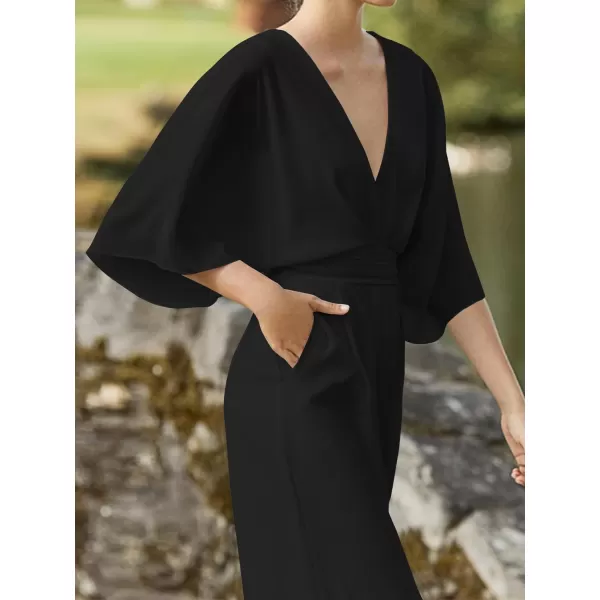LYANER Women's One Pieces Outfit Deep V Neck Short Sleeve Wide Leg Pants Work Jumpsuit with Pockets