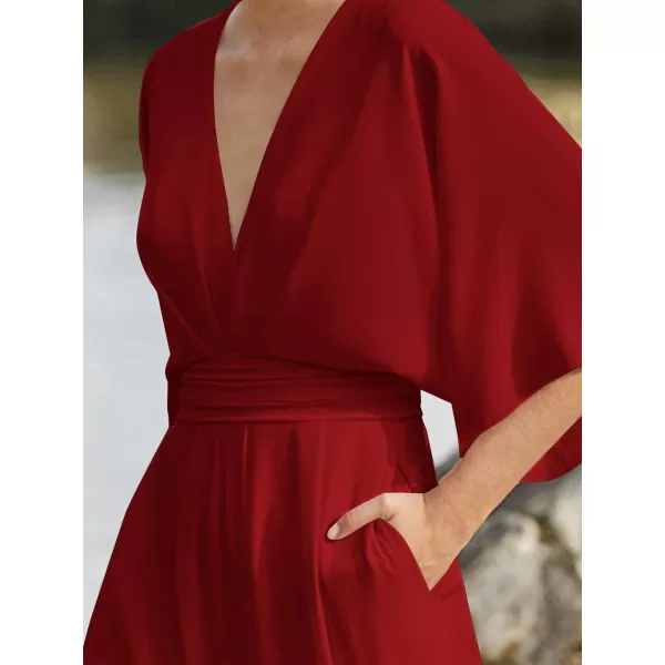 LYANER Women's One Pieces Outfit Deep V Neck Short Sleeve Wide Leg Pants Work Jumpsuit with Pockets
