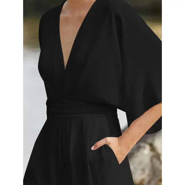 LYANER Women's One Pieces Outfit Deep V Neck Short Sleeve Wide Leg Pants Work Jumpsuit with Pockets