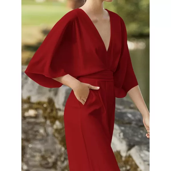 LYANER Women's One Pieces Outfit Deep V Neck Short Sleeve Wide Leg Pants Work Jumpsuit with Pockets