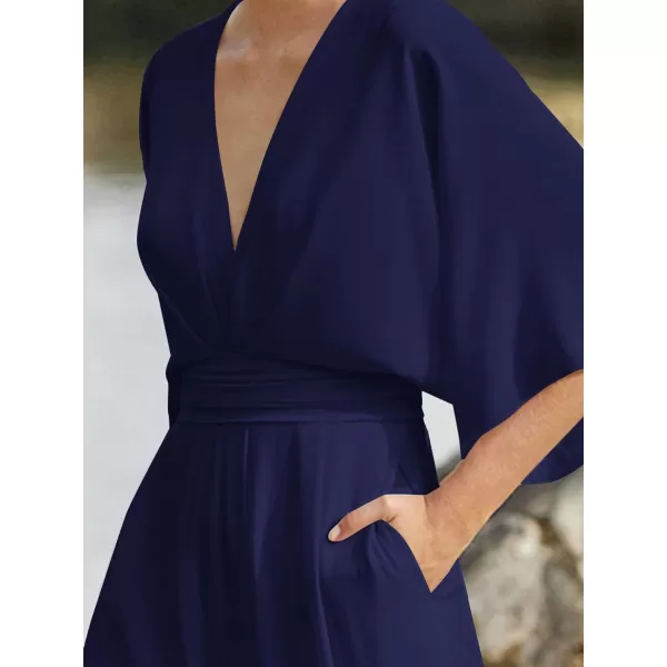 LYANER Women's One Pieces Outfit Deep V Neck Short Sleeve Wide Leg Pants Work Jumpsuit with Pockets