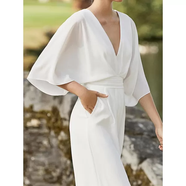 LYANER Women's One Pieces Outfit Deep V Neck Short Sleeve Wide Leg Pants Work Jumpsuit with Pockets