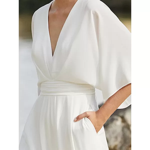 LYANER Women's One Pieces Outfit Deep V Neck Short Sleeve Wide Leg Pants Work Jumpsuit with Pockets