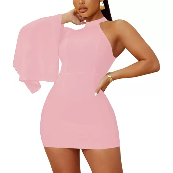 LYANER Women's One Shoulder Cloak Long Sleeve Bodycon Sexy Party Club Mini Dress