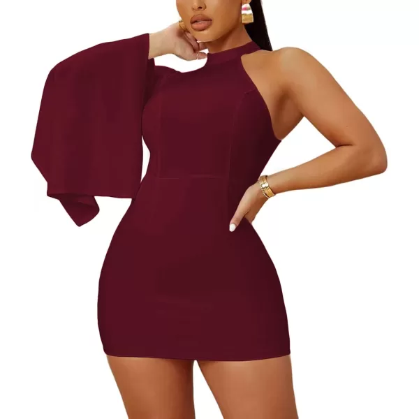 LYANER Women's One Shoulder Cloak Long Sleeve Bodycon Sexy Party Club Mini Dress