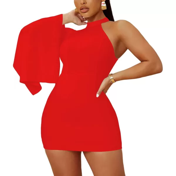 LYANER Women's One Shoulder Cloak Long Sleeve Bodycon Sexy Party Club Mini Dress