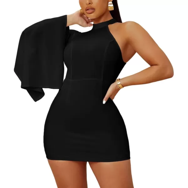 LYANER Women's One Shoulder Cloak Long Sleeve Bodycon Sexy Party Club Mini Dress