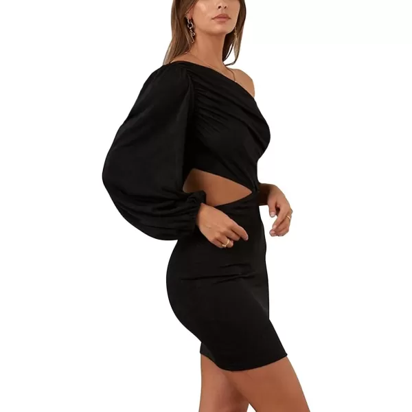 LYANER Women's One Shoulder Long Sleeve Cutout Bodycon Club Cocktail Mini Dress