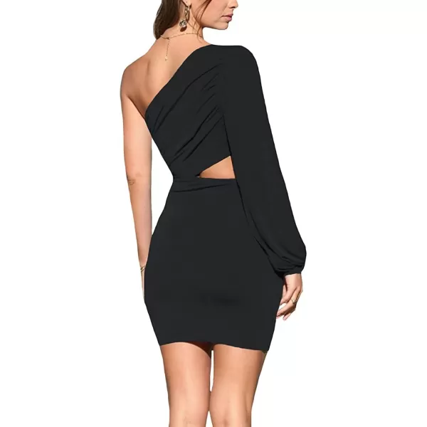 LYANER Women's One Shoulder Long Sleeve Cutout Bodycon Club Cocktail Mini Dress
