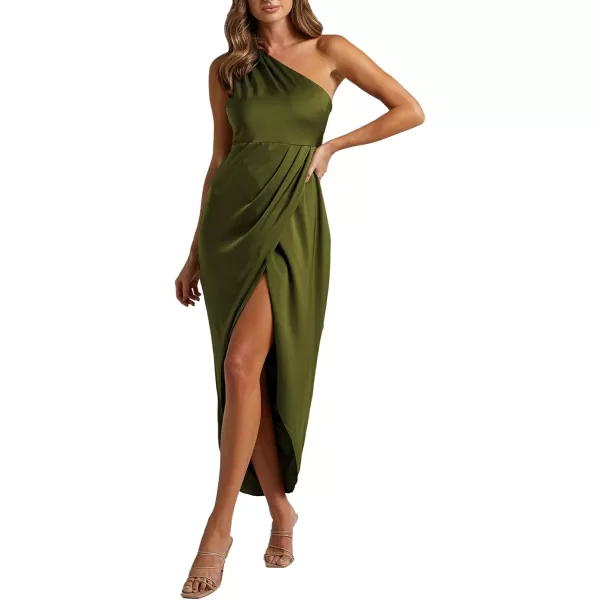 LYANER Women's One Shoulder Ruched Sleeveless Slit Split Wrap Hem Zipper Midi Dress