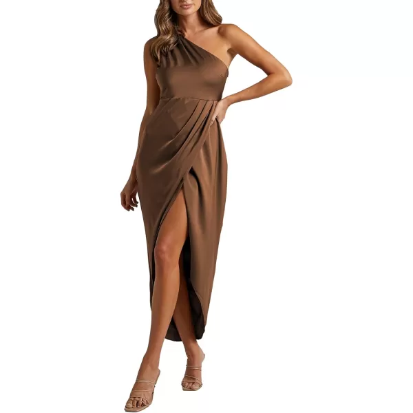 LYANER Women's One Shoulder Ruched Sleeveless Slit Split Wrap Hem Zipper Midi Dress