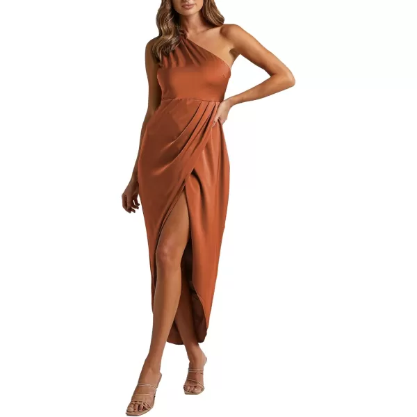 LYANER Women's One Shoulder Ruched Sleeveless Slit Split Wrap Hem Zipper Midi Dress
