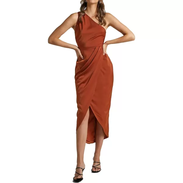 LYANER Women's One Shoulder Ruched Sleeveless Slit Split Wrap Hem Zipper Midi Dress