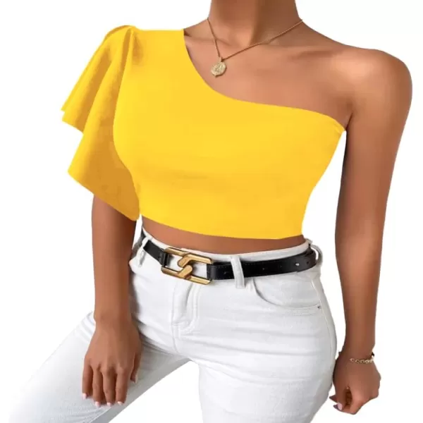 LYANER Women's One Shoulder Ruffle Short Sleeve Knitted Cami Crop Tops Shirt Blouse