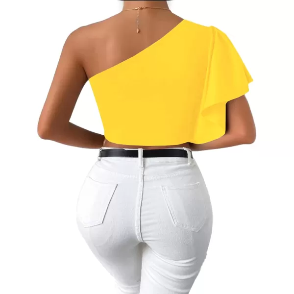 LYANER Women's One Shoulder Ruffle Short Sleeve Knitted Cami Crop Tops Shirt Blouse