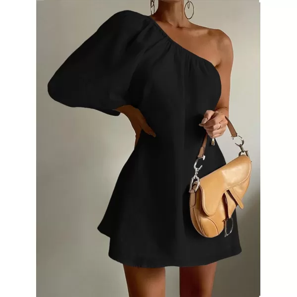 LYANER Women's One Shoulder Short Sleeve Cocktail Party Loose Fitted Mini Dresses