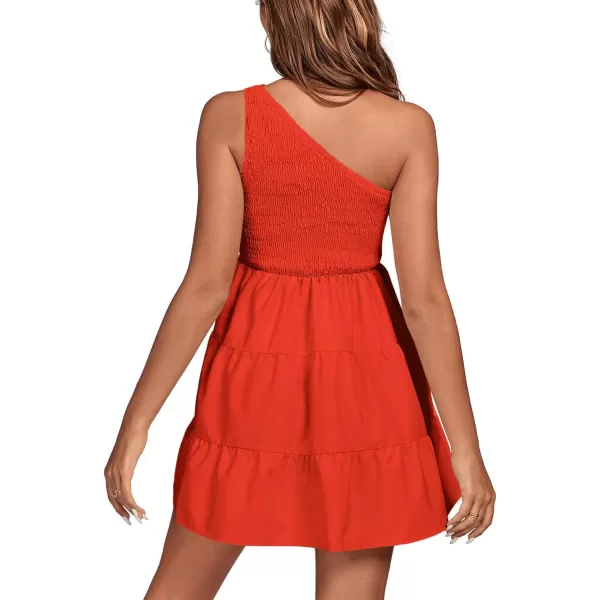 LYANER Women's One Shoulder Smocked Shirred Tiered Ruffle Sleeveless A-Line Mini Dress