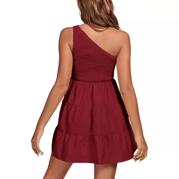 LYANER Women's One Shoulder Smocked Shirred Tiered Ruffle Sleeveless A-Line Mini Dress