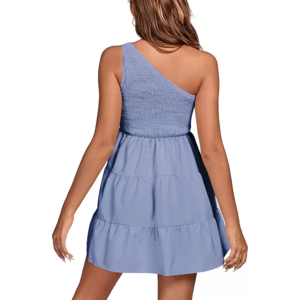 LYANER Women's One Shoulder Smocked Shirred Tiered Ruffle Sleeveless A-Line Mini Dress