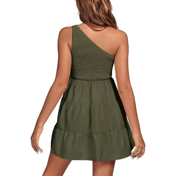 LYANER Women's One Shoulder Smocked Shirred Tiered Ruffle Sleeveless A-Line Mini Dress