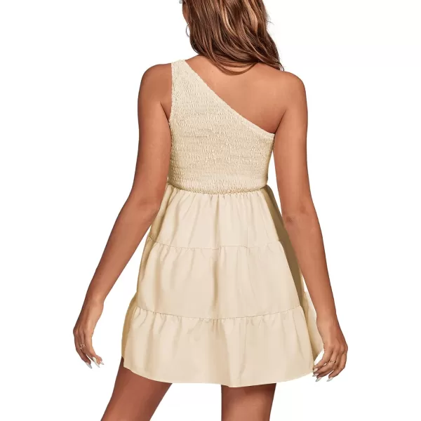 LYANER Women's One Shoulder Smocked Shirred Tiered Ruffle Sleeveless A-Line Mini Dress
